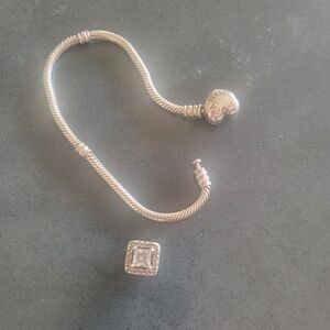 Pandora Silver Bracelet with Heart Charm and Square Ring
